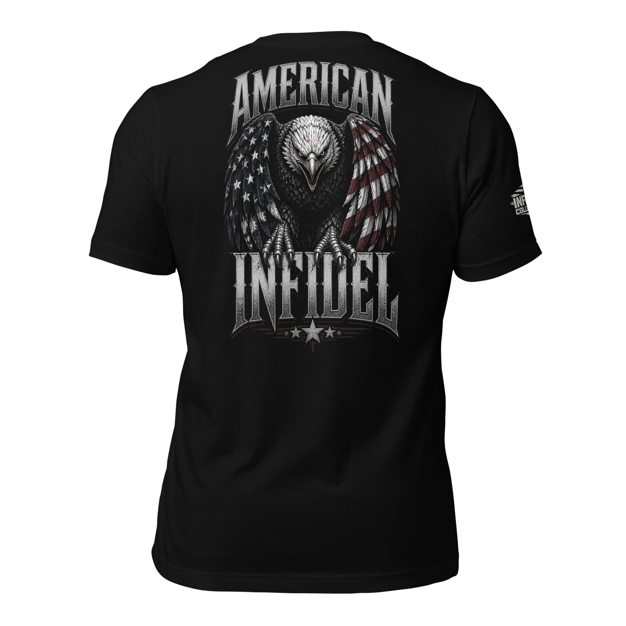 American Infidel eagle flag wings back print black tee from Infidel Collective