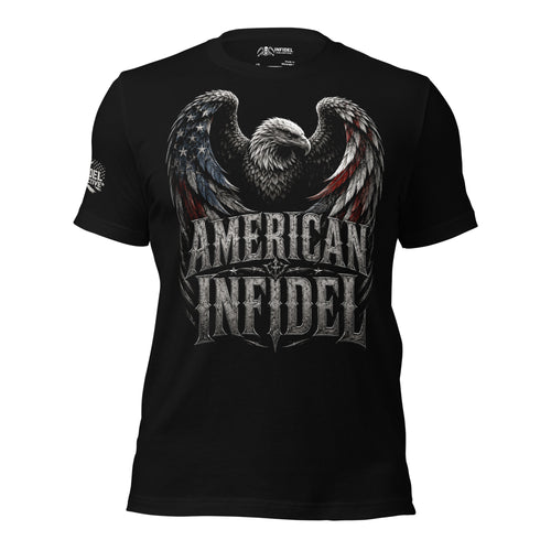 Front view of black tee featuring American Infidel bald eagle with flag-tipped wings and shield