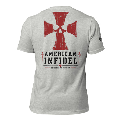 Back view of gray tee featuring American Infidel red cross and skull Ephesians 6:10-18
