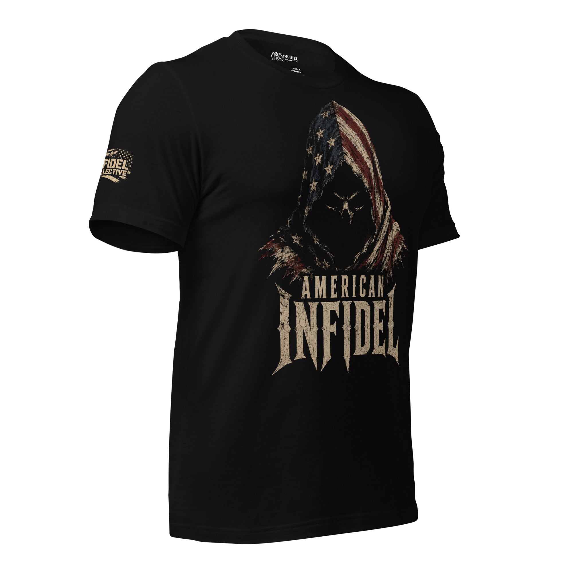 American Infidel flag hood graphic black tee from Infidel Collective