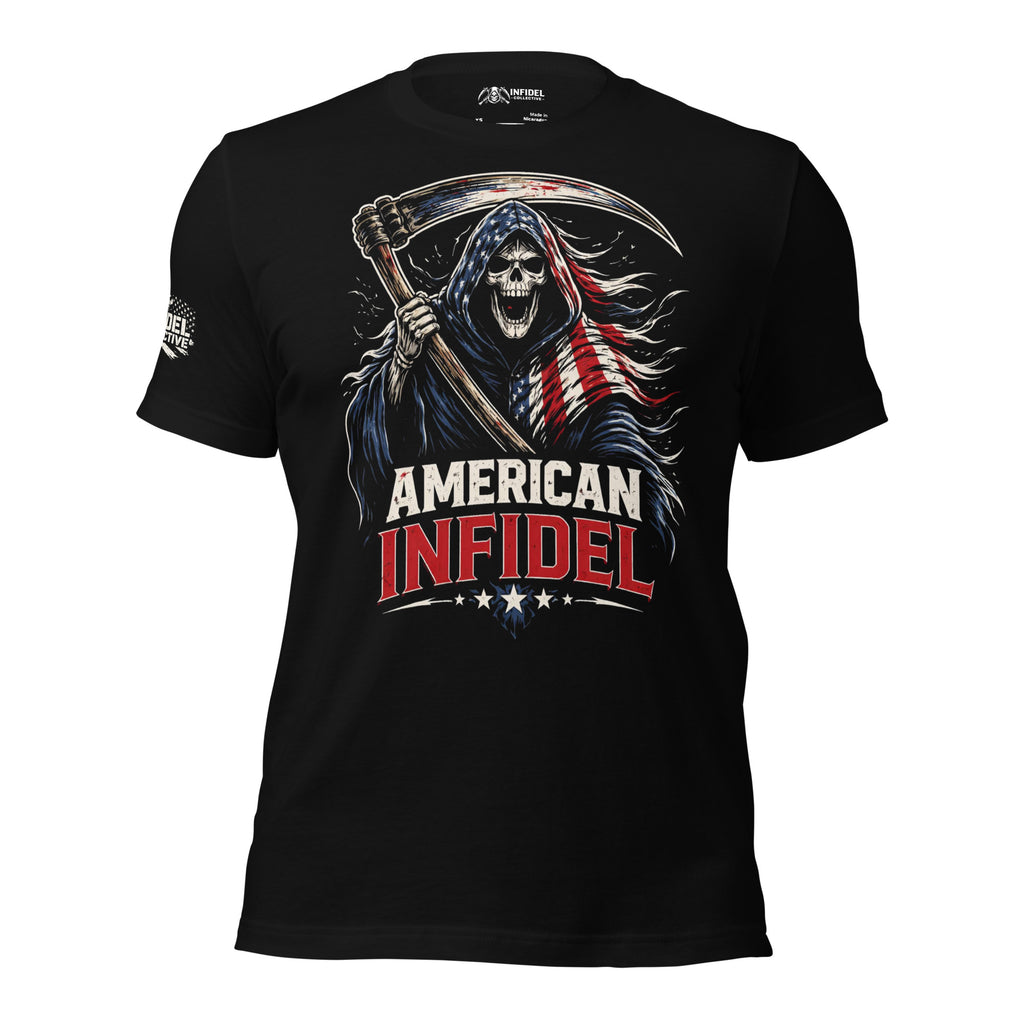 American Infidel Flag Reaper graphic black tee from Infidel Collective