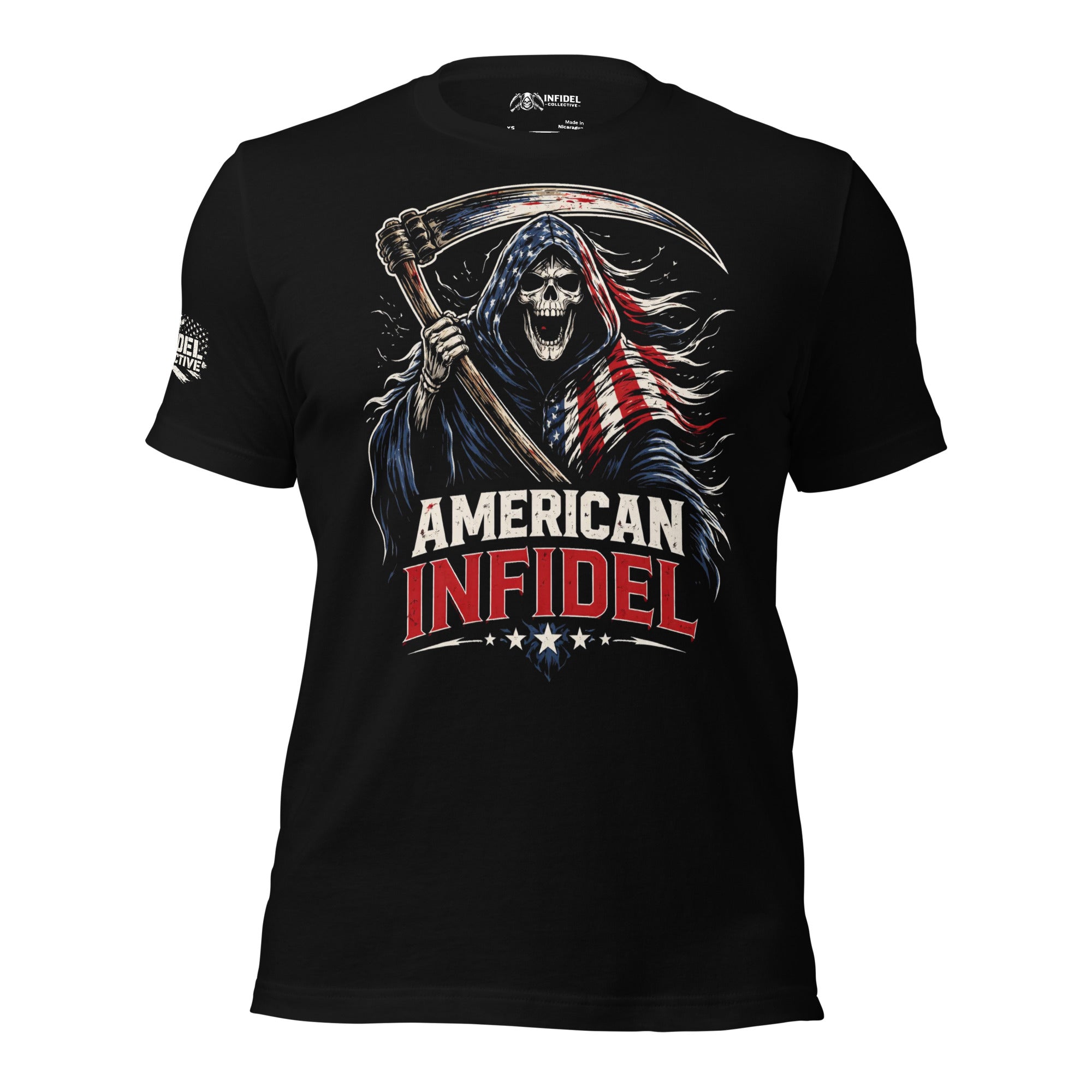 American Infidel Flag Reaper graphic black tee from Infidel Collective