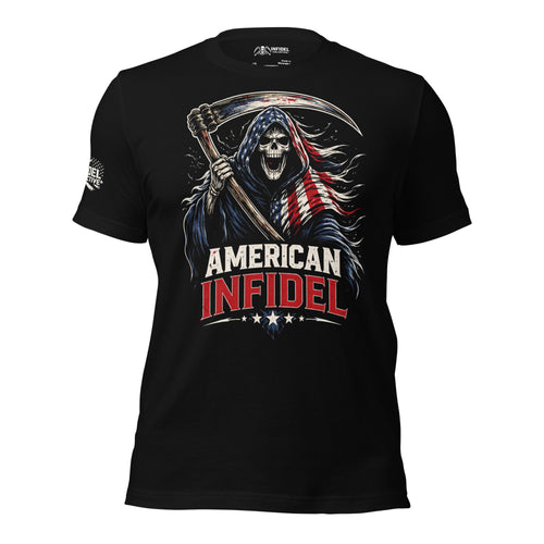Front view of black tee featuring American Infidel screaming reaper with scythe and American flag cloak design