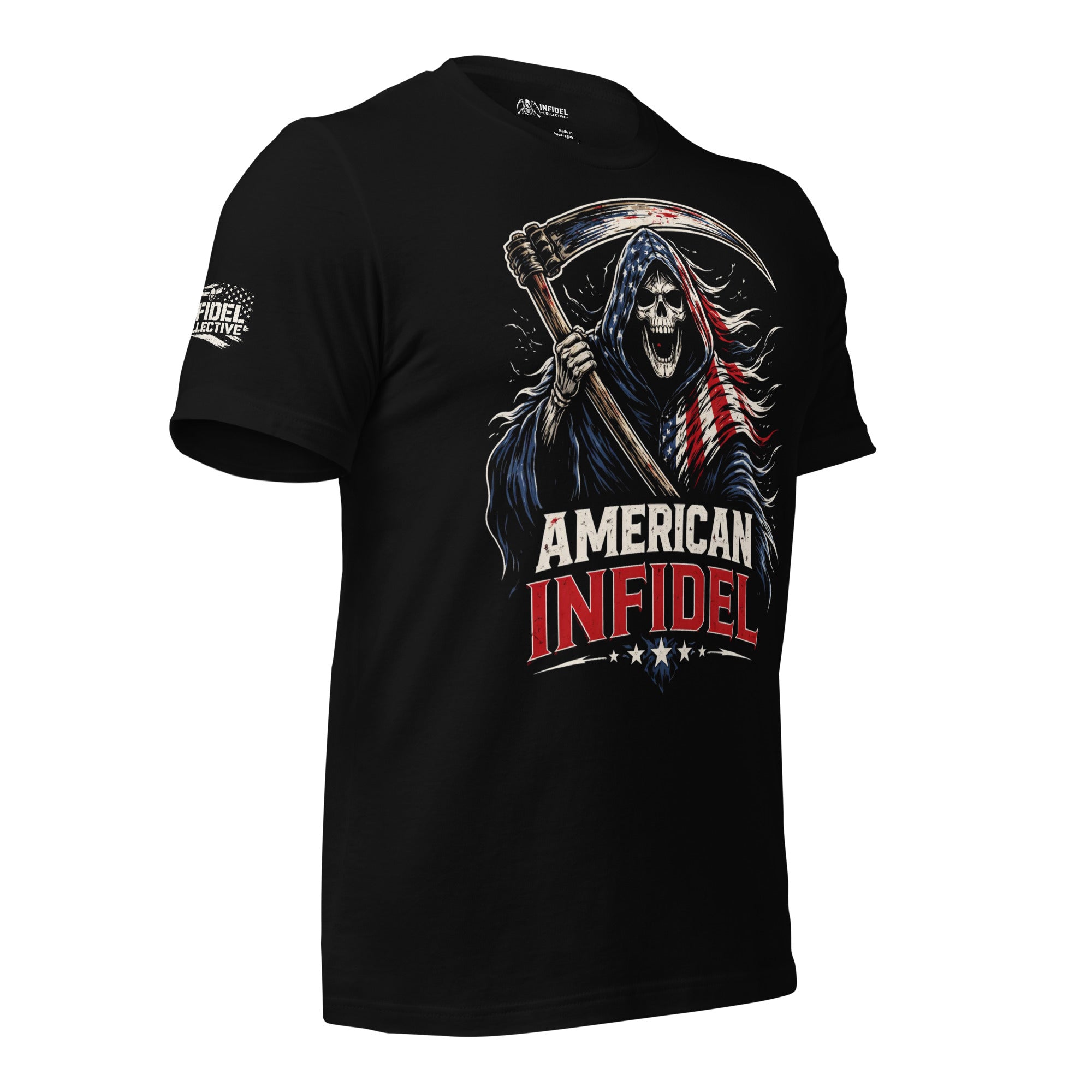 American Infidel Flag Reaper graphic black tee from Infidel Collective