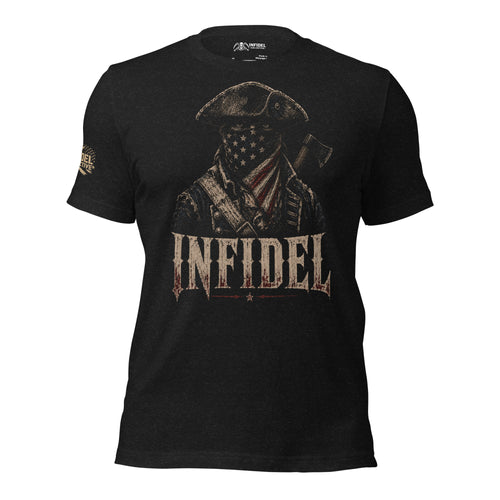 Front view of black heather tee featuring American Infidel Revolutionary patriot raider in a flag mask design