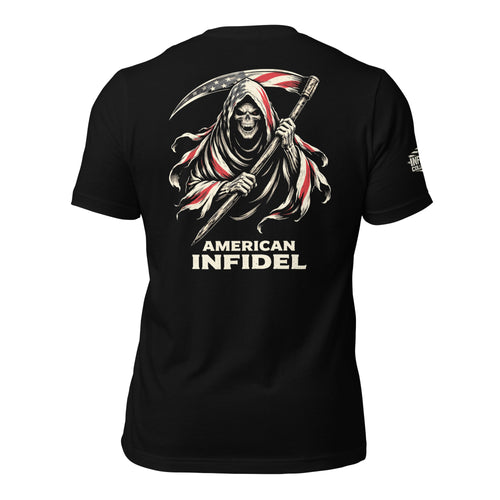 Back view of black tee featuring American Infidel smiling reaper with American flag scythe design