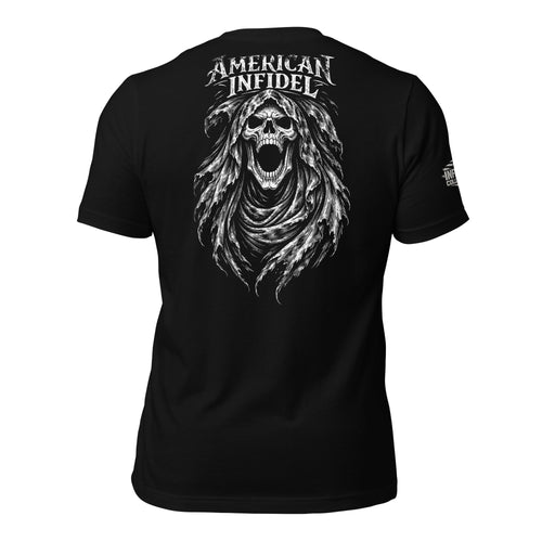 Back view of black tee featuring American Infidel screaming hooded reaper design
