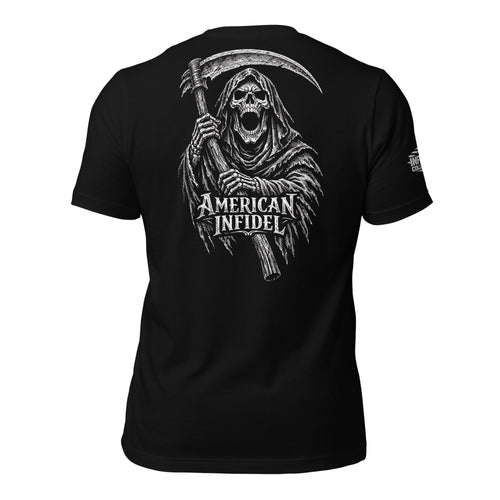 Back view of black tee featuring American Infidel hooded reaper gripping a long scythe design