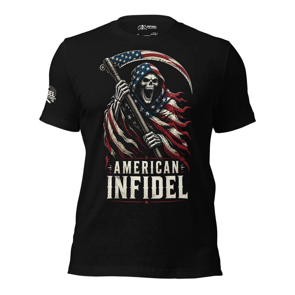 Black t-shirt featuring a patriotic grim reaper wrapped in an American flag holding a flag-themed scythe above American Infidel text