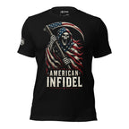 Black t-shirt featuring a patriotic grim reaper wrapped in an American flag holding a flag-themed scythe above American Infidel text