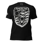 Black tee with front print featuring a hooded reaper skull, distressed American flag graphic, and the text American Infidel