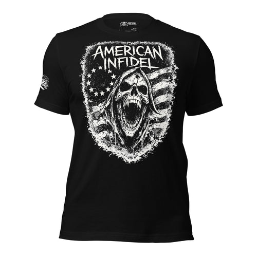 Front view of black tee featuring American Infidel screaming skull reaper over a distressed American flag design