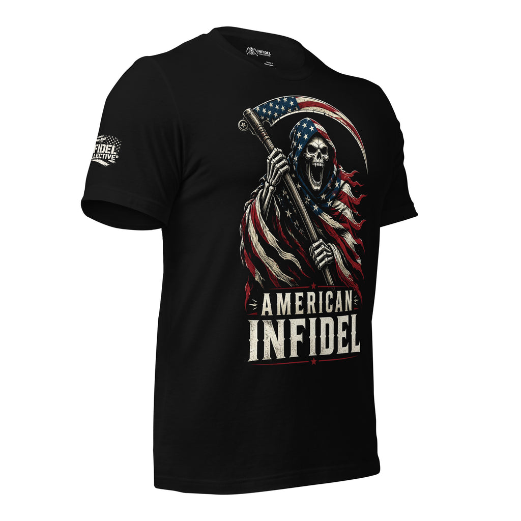 Black t-shirt featuring a patriotic grim reaper wrapped in an American flag holding a flag-themed scythe above American Infidel text