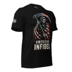 Black t-shirt featuring a patriotic grim reaper wrapped in an American flag holding a flag-themed scythe above American Infidel text