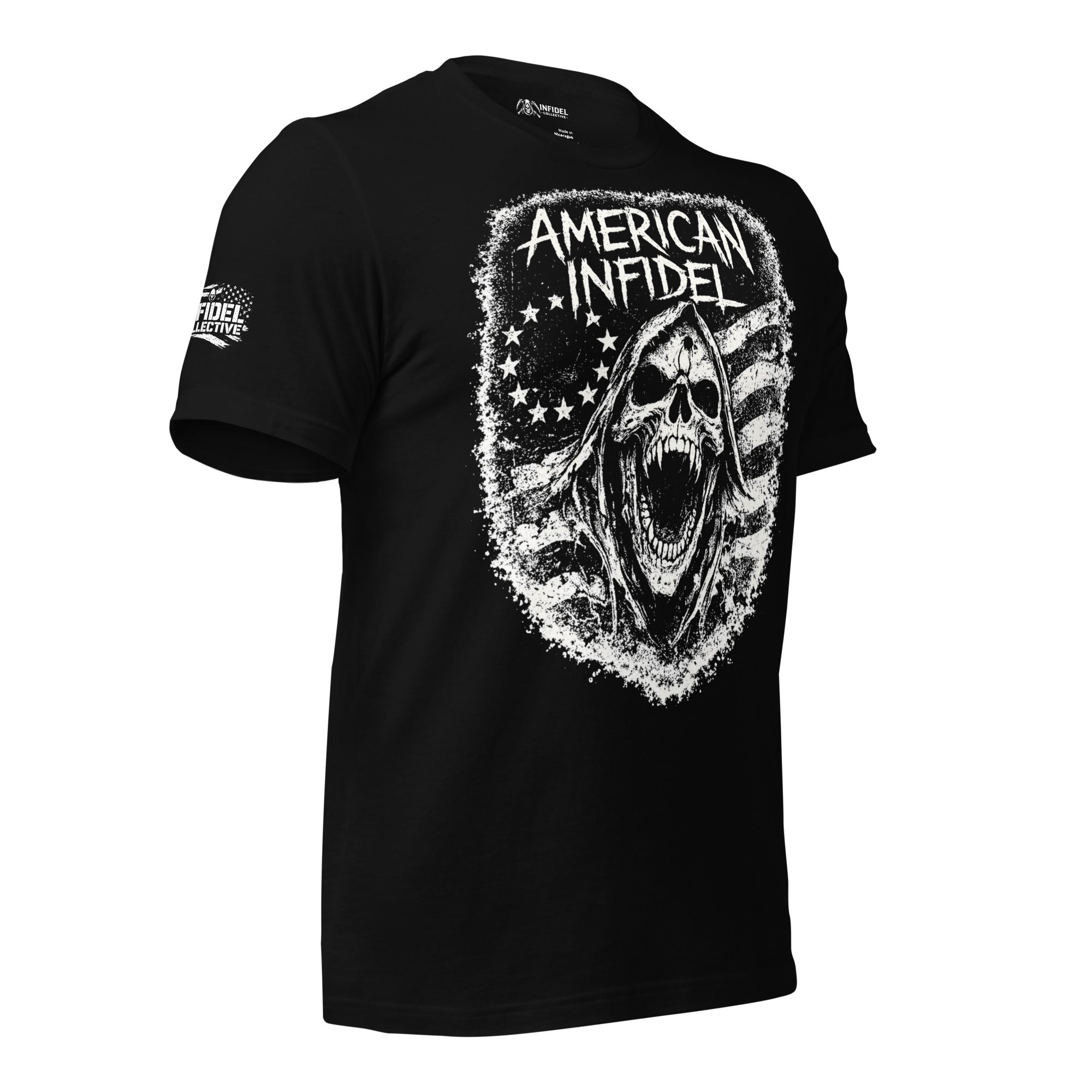 Black tee with front print featuring a hooded reaper skull, distressed American flag graphic, and the text American Infidel