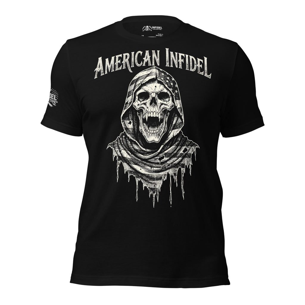 Black American Infidel tee with front print featuring hooded reaper skull wrapped in distressed American flag graphic