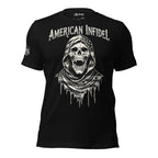 Black American Infidel tee with front print featuring hooded reaper skull wrapped in distressed American flag graphic