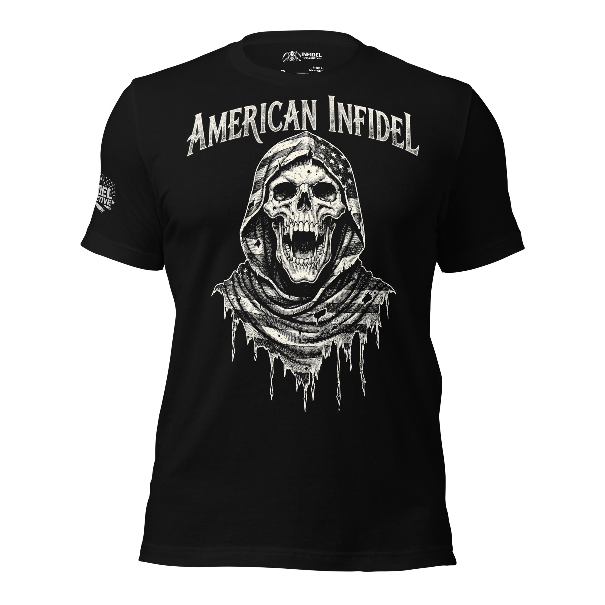 Black American Infidel tee with front print featuring hooded reaper skull wrapped in distressed American flag graphic
