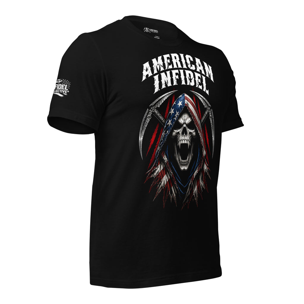 American Infidel Reaper Slash graphic black tee from Infidel Collective