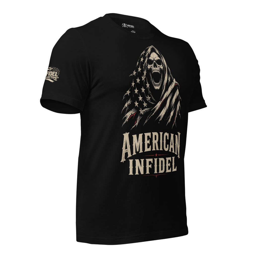 Black American Infidel tee with grim reaper skull wrapped in an American flag front graphic