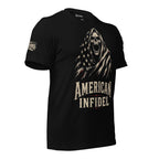Black American Infidel tee with grim reaper skull wrapped in an American flag front graphic