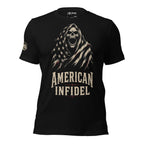 Black American Infidel tee with grim reaper skull wrapped in an American flag front graphic