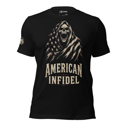 Front view of black tee featuring American Infidel screaming reaper wrapped in an American flag cloak design