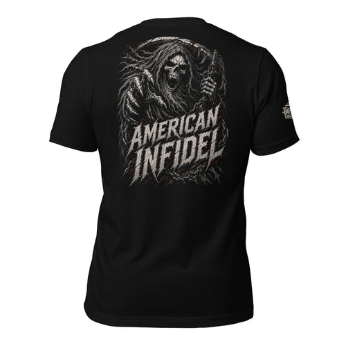 Back view of black tee featuring American Infidel winged reaper carrying a scythe design