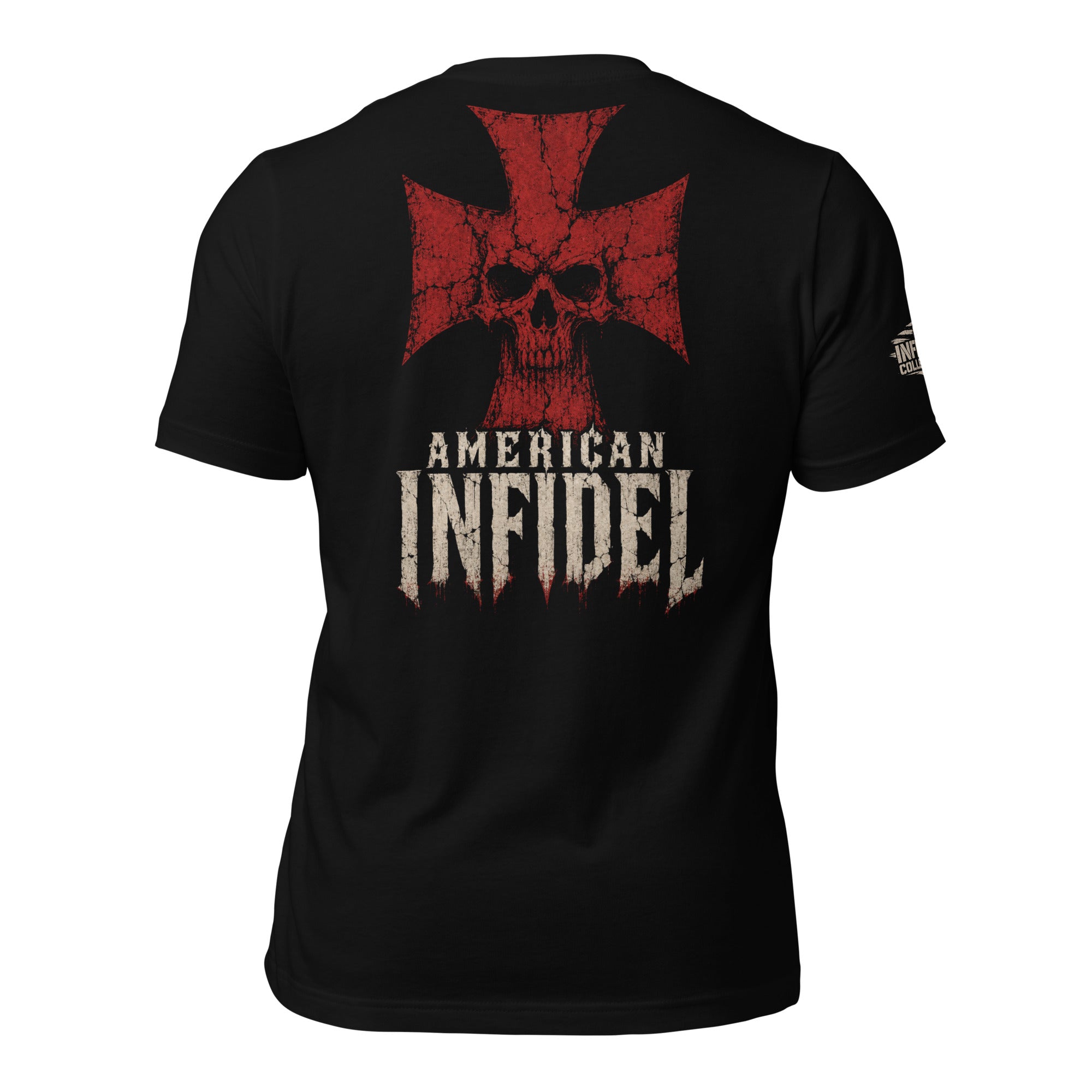 American Infidel skull and red iron cross back print black tee from Infidel Collective