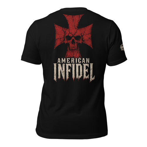 Back view of black tee featuring American Infidel long skull inside a distressed red cross design