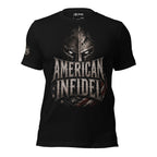 Black American Infidel tee with Spartan helmet and distressed American flag front graphic