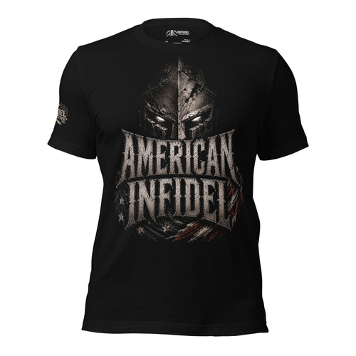 Front view of black tee featuring American Infidel weathered Spartan helmet design