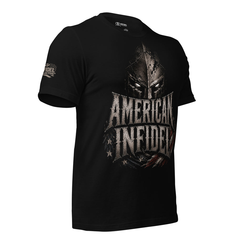 Black American Infidel tee with Spartan helmet and distressed American flag front graphic