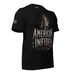 Black American Infidel tee with Spartan helmet and distressed American flag front graphic