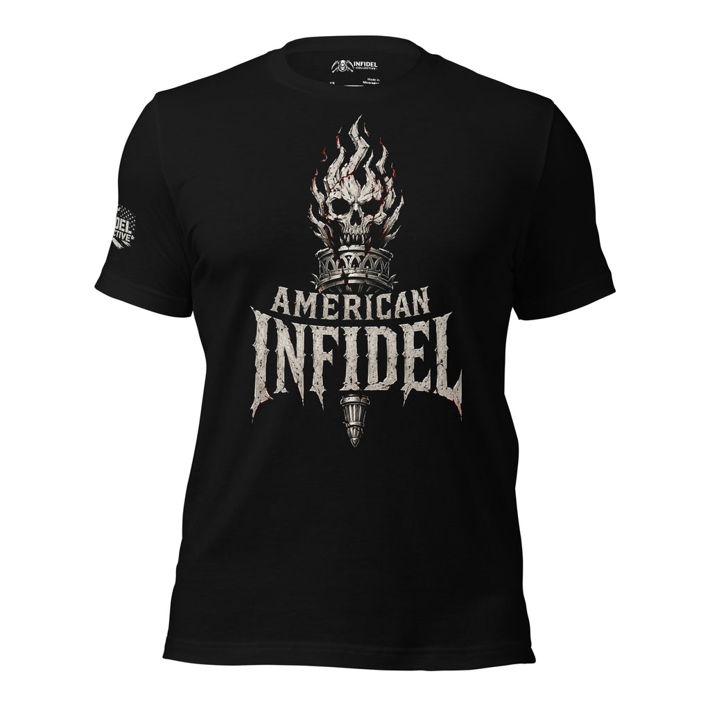 American Infidel flaming torch graphic black tee from Infidel Collective