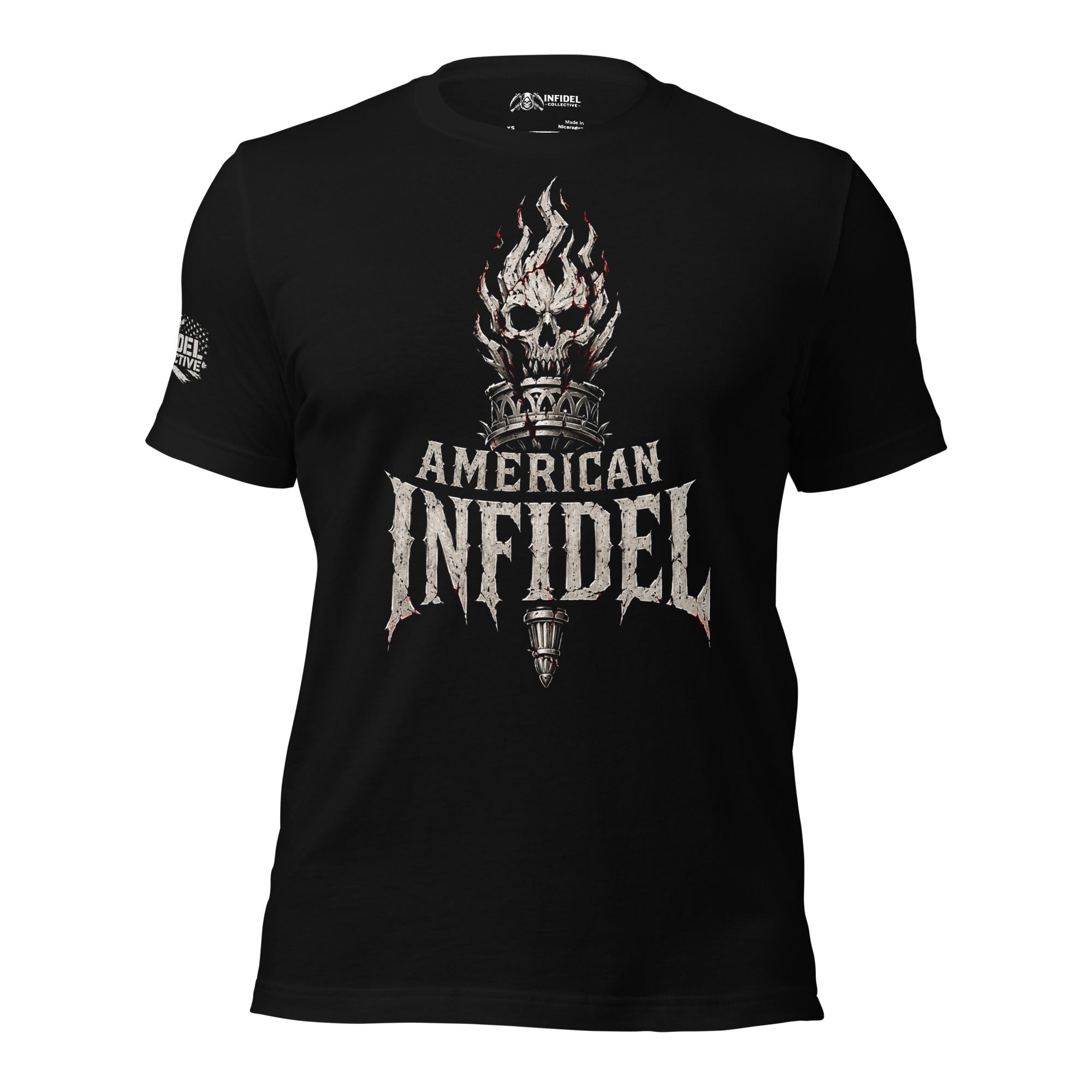 American Infidel flaming torch graphic black tee from Infidel Collective