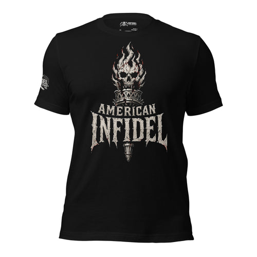 Front view of black tee featuring American Infidel flaming skull torch design