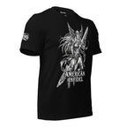 Black American Infidel Valkyrie t-shirt featuring winged warrior woman holding a spear with American Infidel text