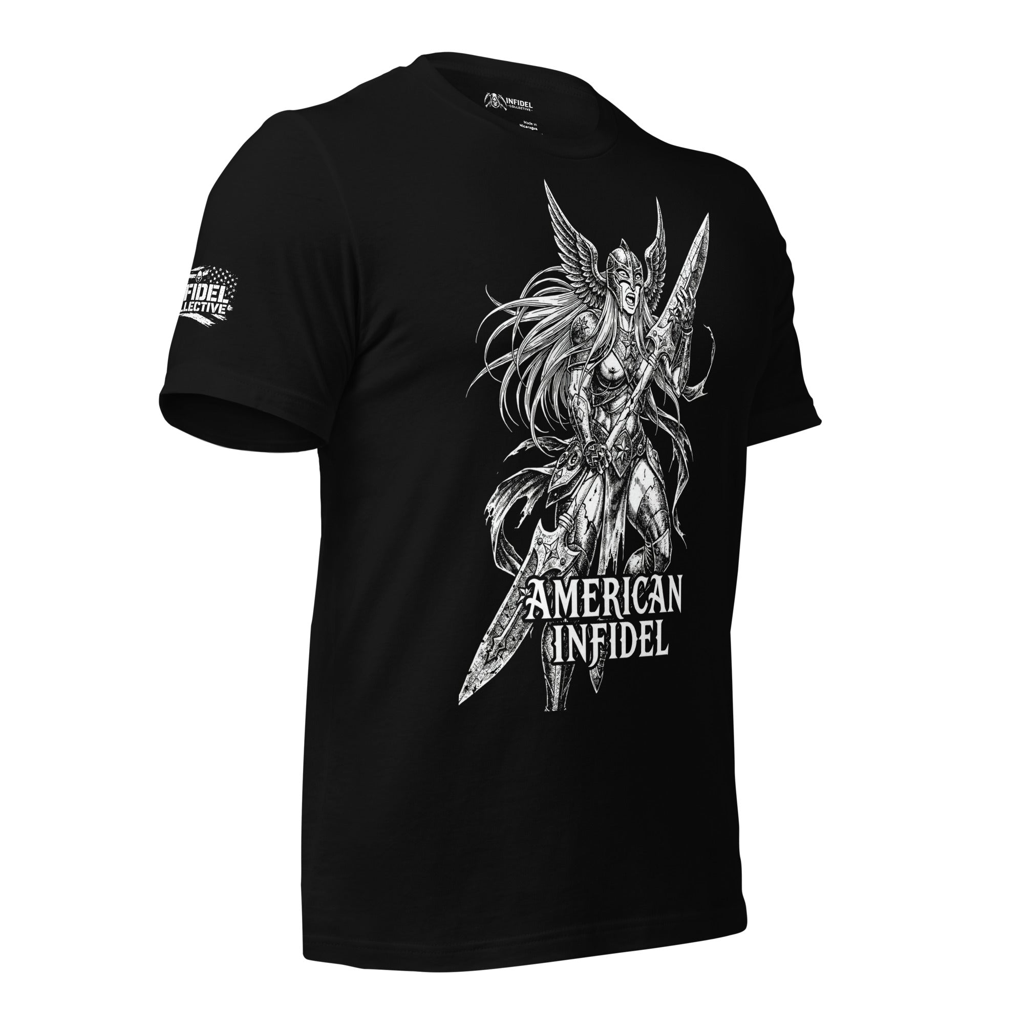 Black American Infidel Valkyrie t-shirt featuring winged warrior woman holding a spear with American Infidel text