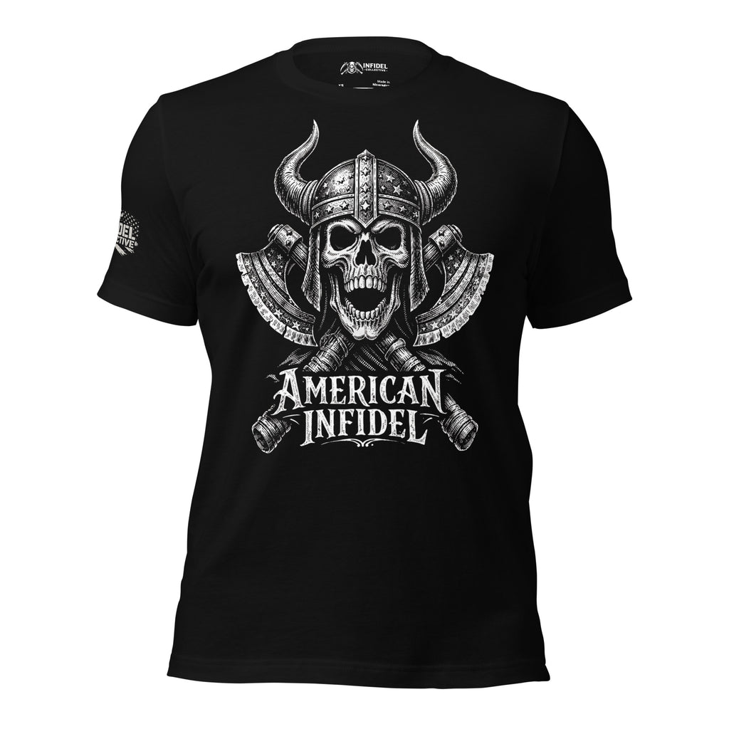 Black American Infidel tee with Viking skull helmet and crossed axes front graphic