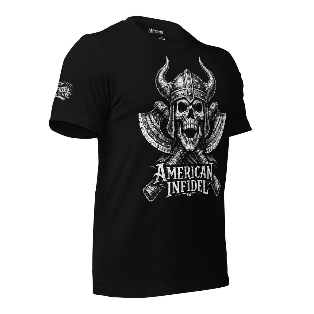 Black American Infidel tee with Viking skull helmet and crossed axes front graphic