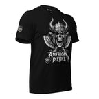 Black American Infidel tee with Viking skull helmet and crossed axes front graphic
