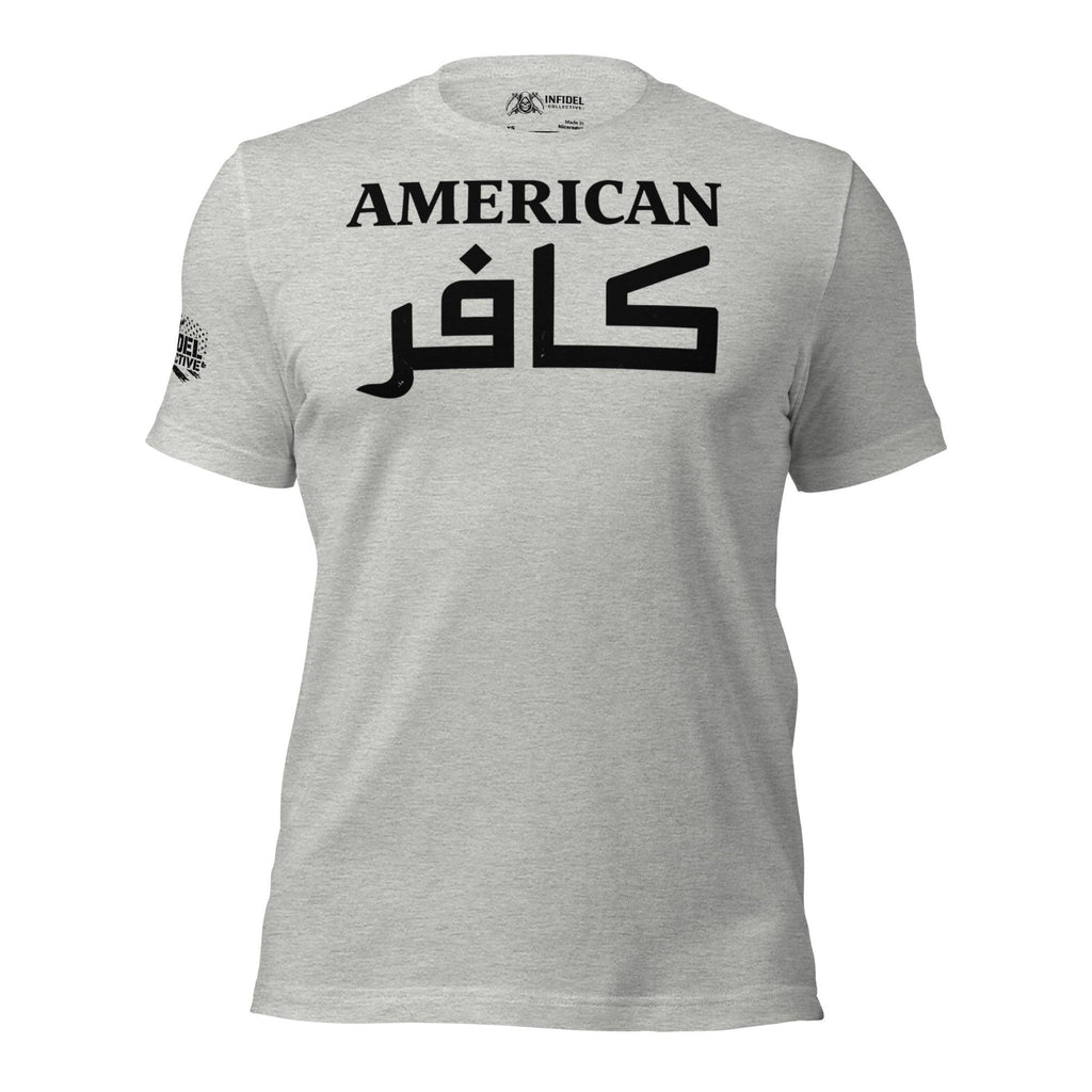 Heather gray tee with American and Arabic kafir text front print in black lettering