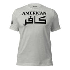 Heather gray tee with American and Arabic kafir text front print in black lettering