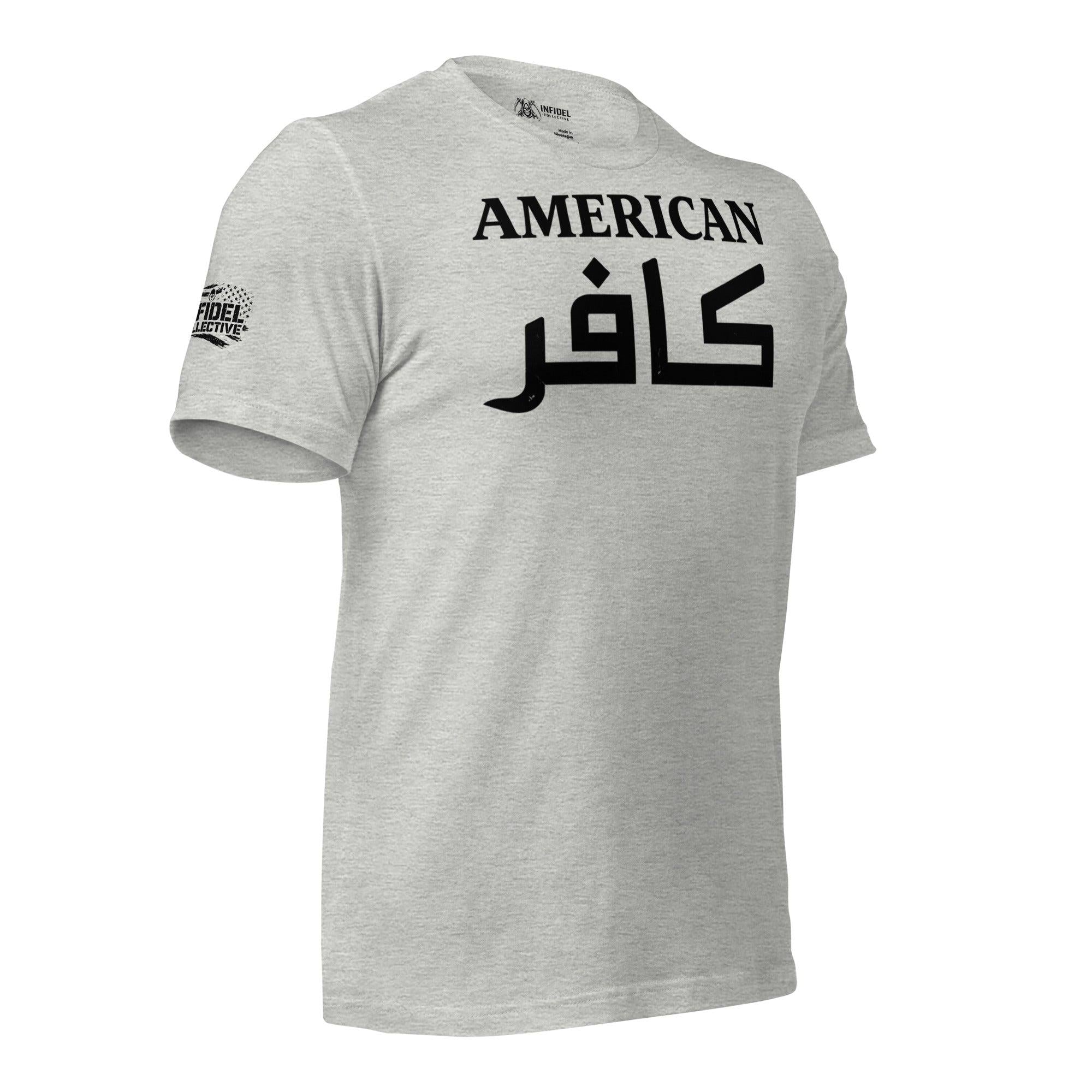 Heather gray tee with American and Arabic kafir text front print in black lettering