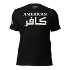 Black American Kafir t-shirt featuring bold English and Arabic text design