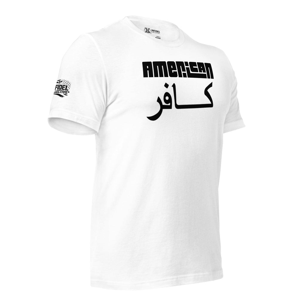 White tee with American and Arabic kafir text front print in black lettering