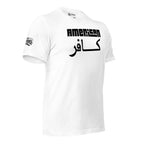 White tee with American and Arabic kafir text front print in black lettering