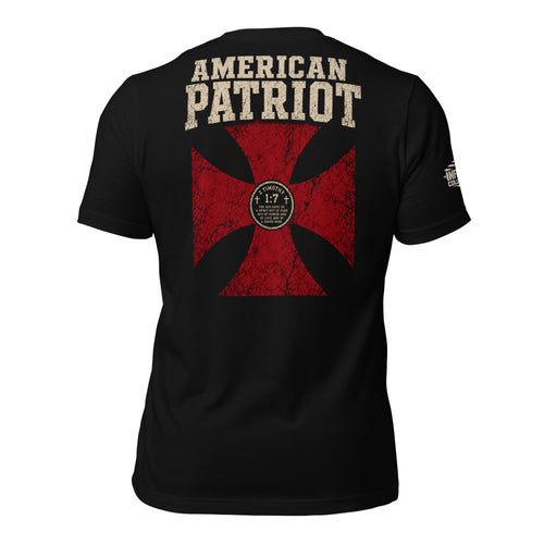 Back view of black tee featuring American Patriot distressed red cross with 2 Timothy 1:7 design