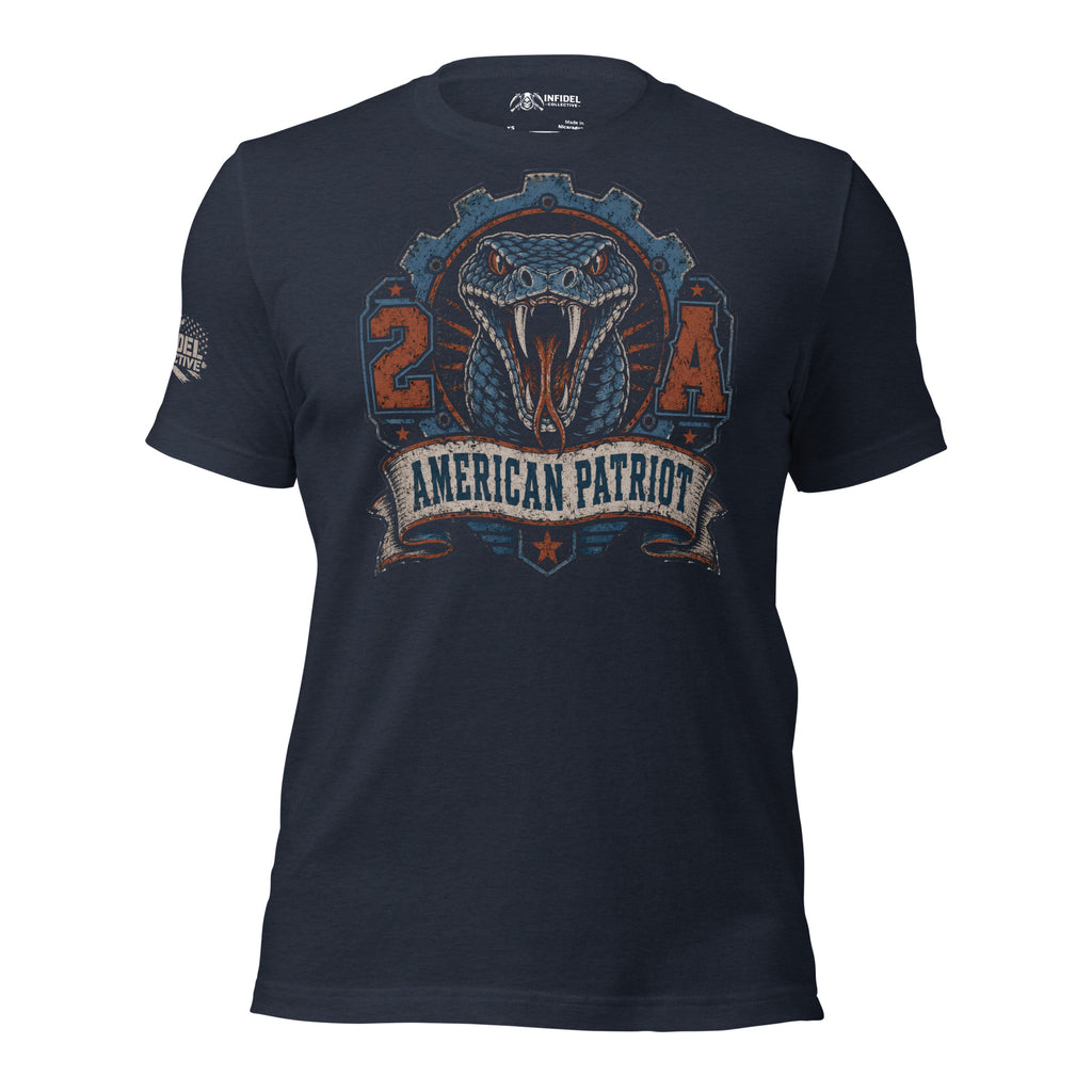 American Patriot 2A rattlesnake graphic heather navy tee from Infidel Collective